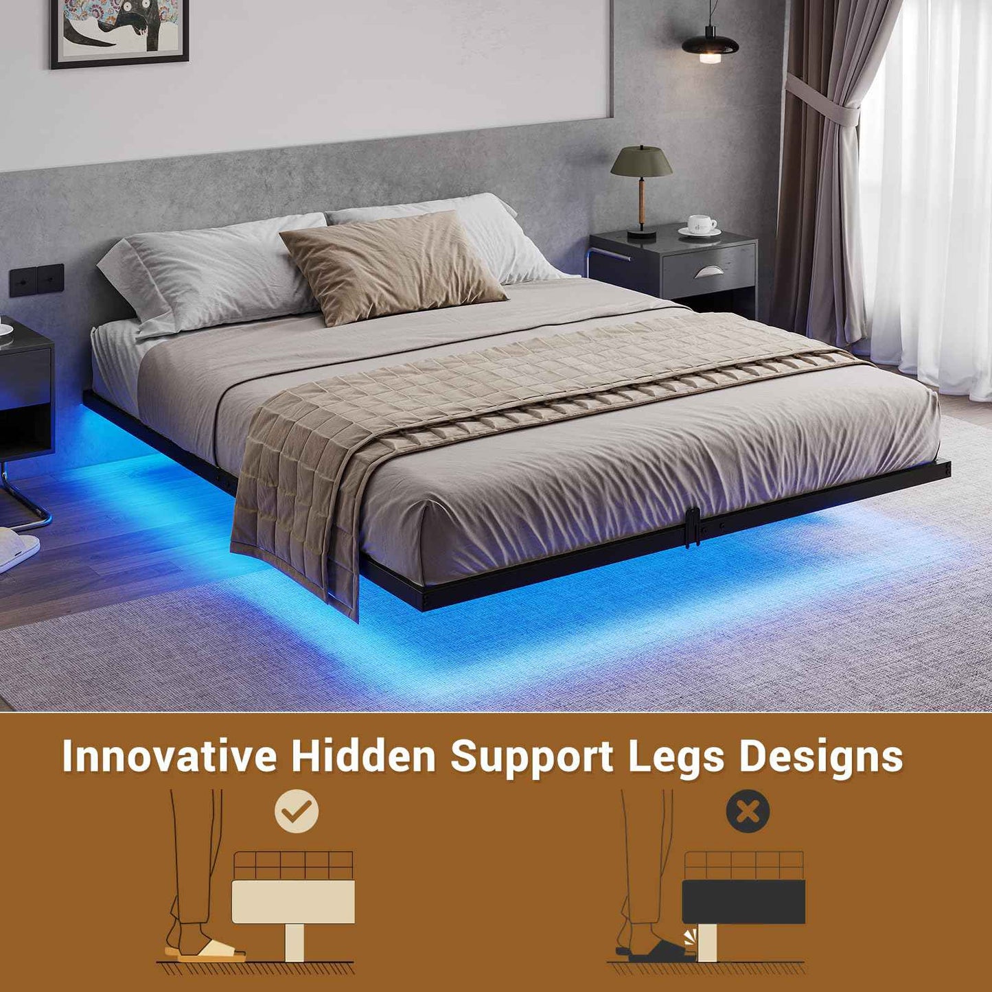 Hasuit | Floating Bed Frame Full Size with LED Lights Metal Platform Full Bed No Box Spring Needed