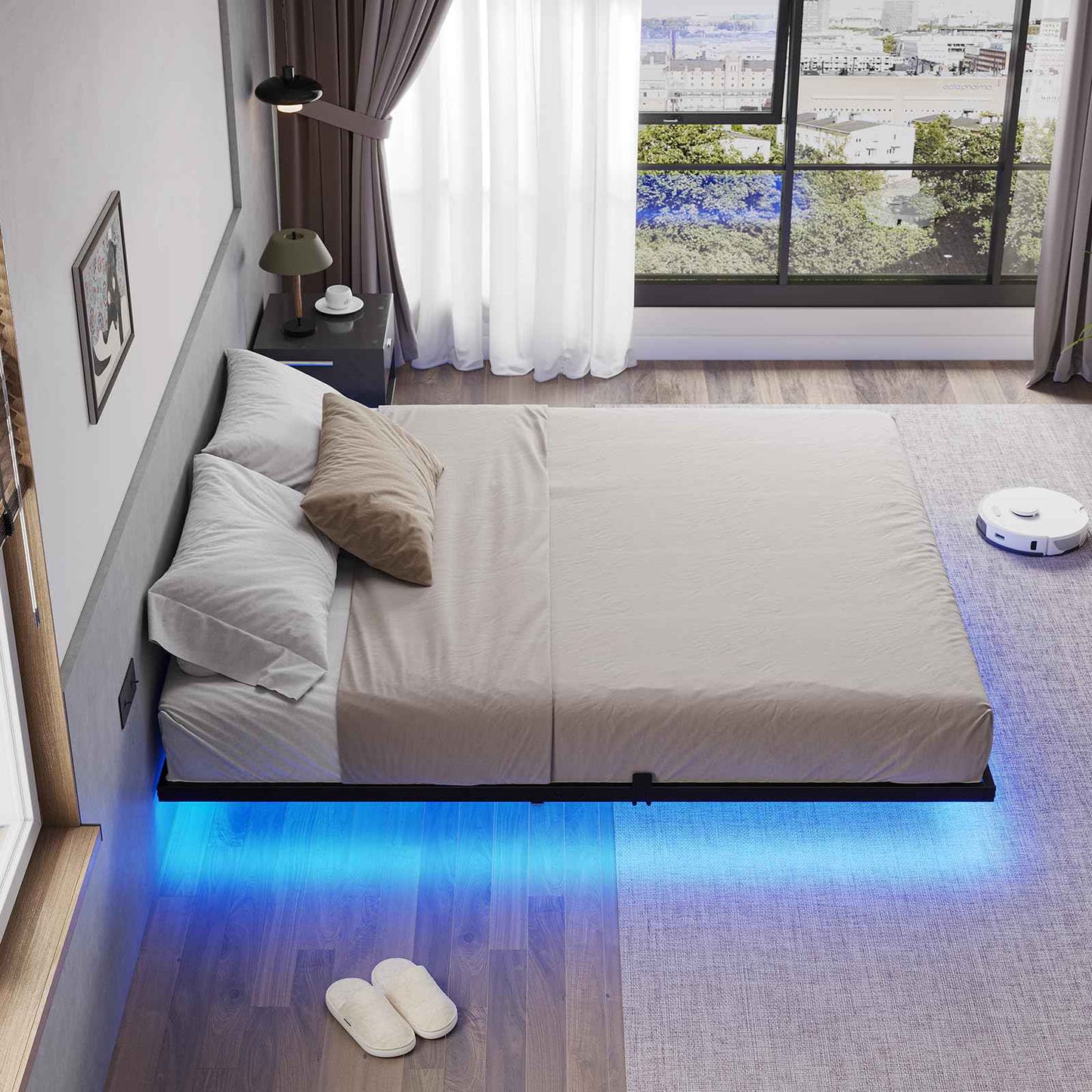 Hasuit | Floating Bed Frame Full Size with LED Lights Metal Platform Full Bed No Box Spring Needed