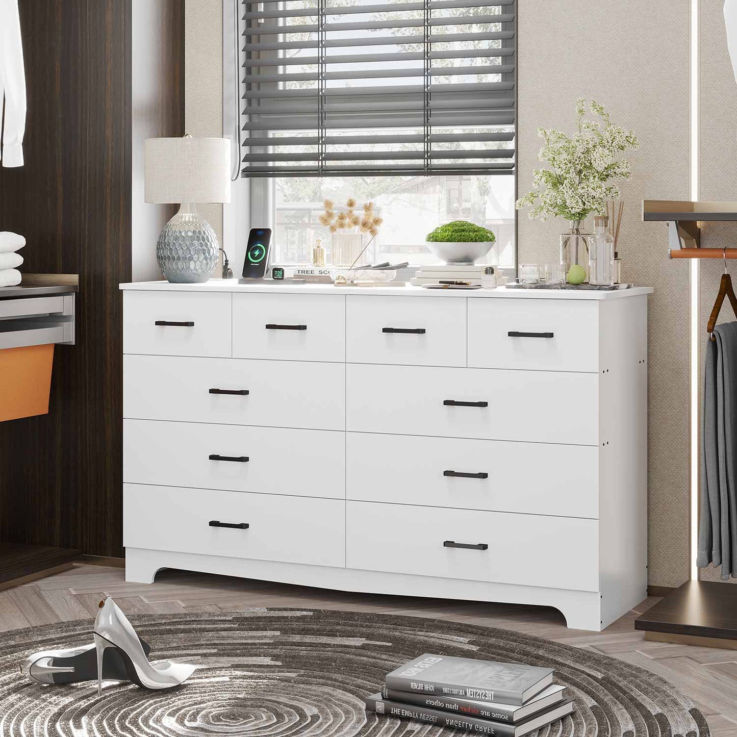 6 Drawers LED Dresser with 2 Pull-Out Tray Storage Organizer White
