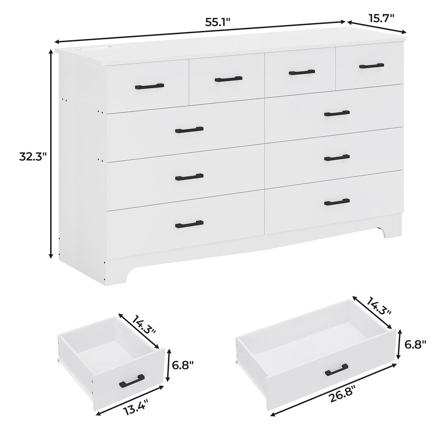 6 Drawers LED Dresser with 2 Pull-Out Tray Storage Organizer White