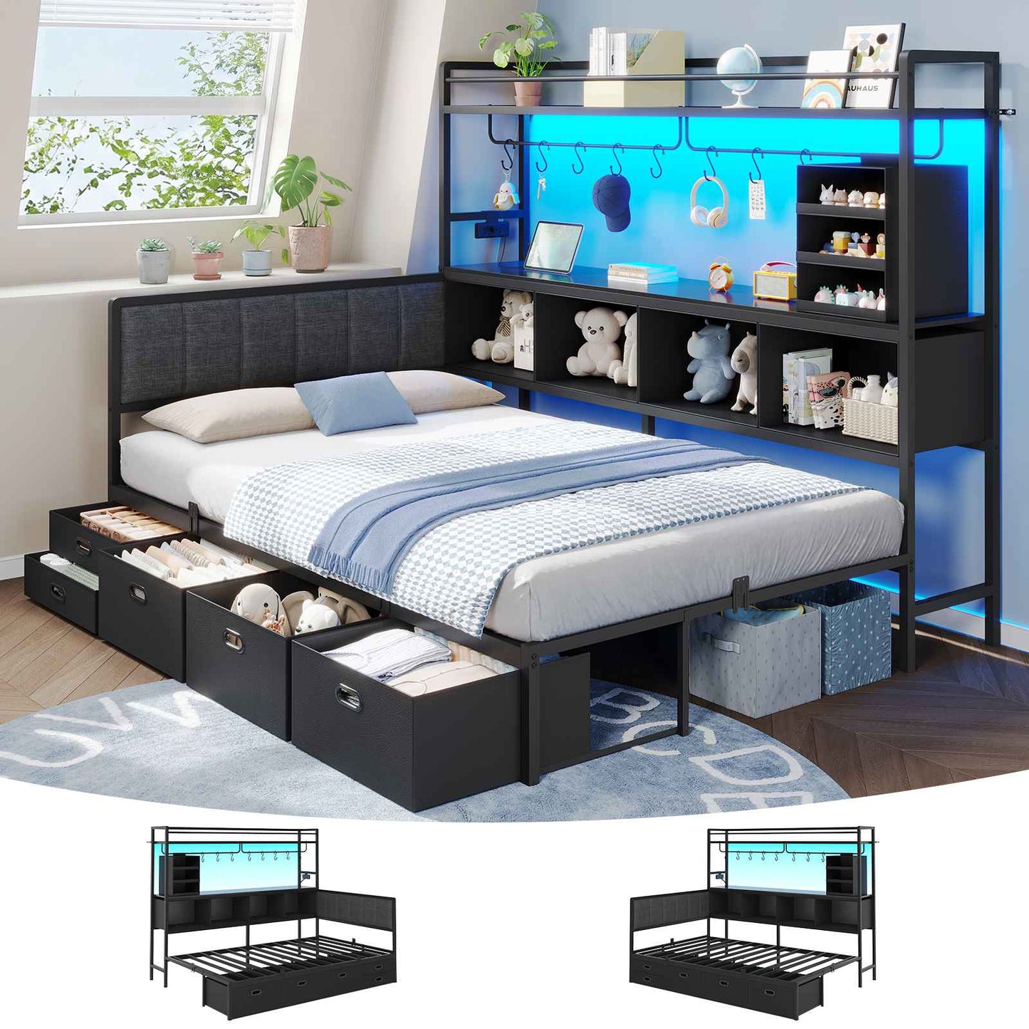 Hasuit | Twin Corner Bed Frame with 5 Drawers and Upper Storage Bookshelf Metal Twin Size Day Bed with Charging Station and LED Lights