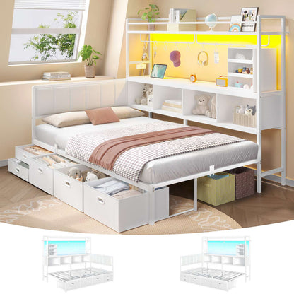 Hasuit | Twin Corner Bed Frame with 5 Drawers and Upper Storage Bookshelf Metal Twin Size Day Bed with Charging Station and LED Lights