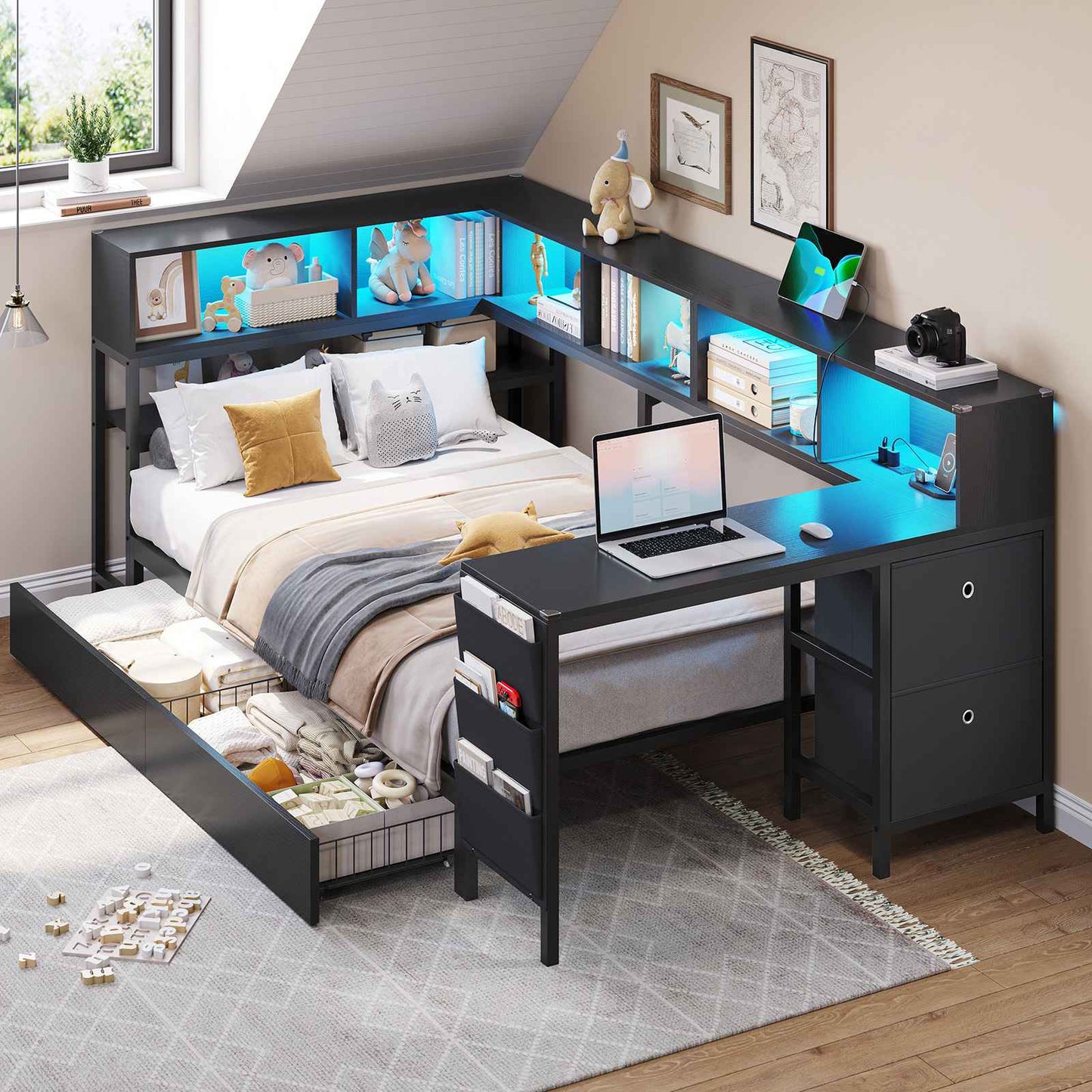 Hasuit | Twin Corner Bed with Desk and Storage Bookcase Daybed with Charging Station and LED Light Modern Teenagers Bedframe