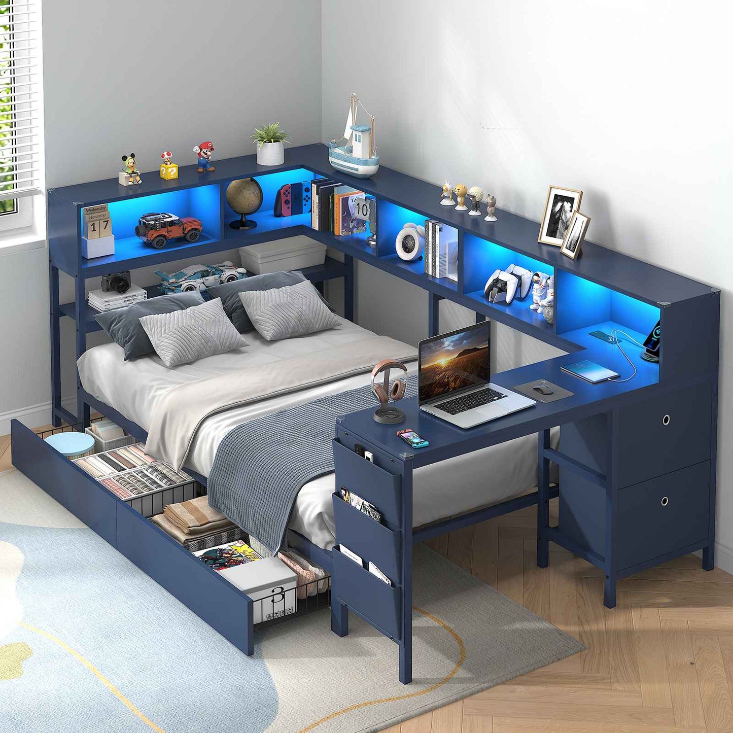 Hasuit | Twin Corner Bed with Desk and Storage Bookcase Daybed with Charging Station and LED Light Modern Teenagers Bedframe