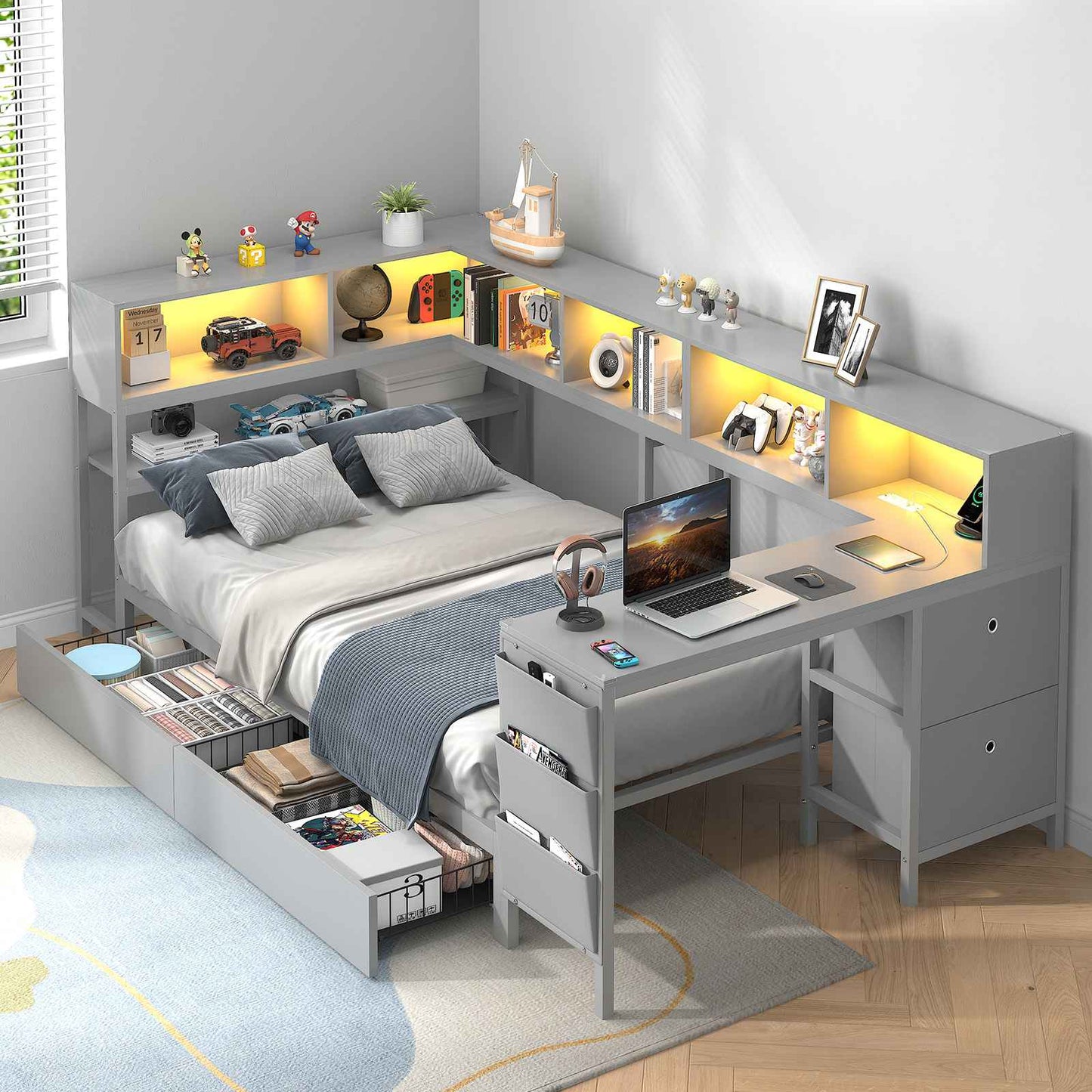 Hasuit | Twin Corner Bed with Desk and Storage Bookcase Daybed with Charging Station and LED Light Modern Teenagers Bedframe