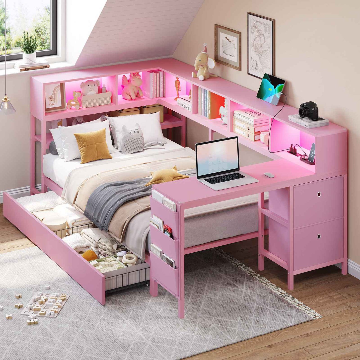 Hasuit | Twin Corner Bed with Desk and Storage Bookcase Daybed with Charging Station and LED Light Modern Teenagers Bedframe