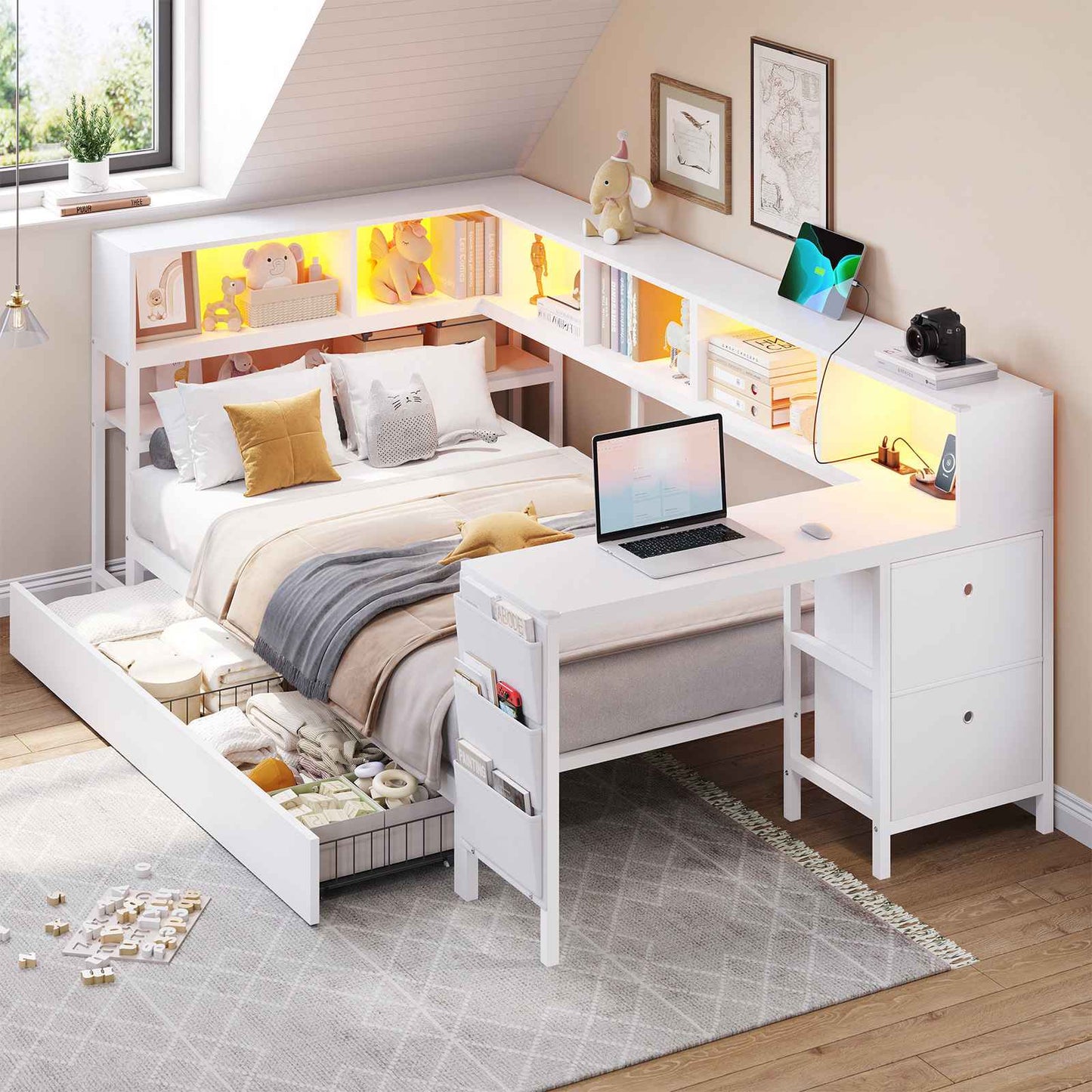 Hasuit | Twin Corner Bed with Desk and Storage Bookcase Daybed with Charging Station and LED Light Modern Teenagers Bedframe