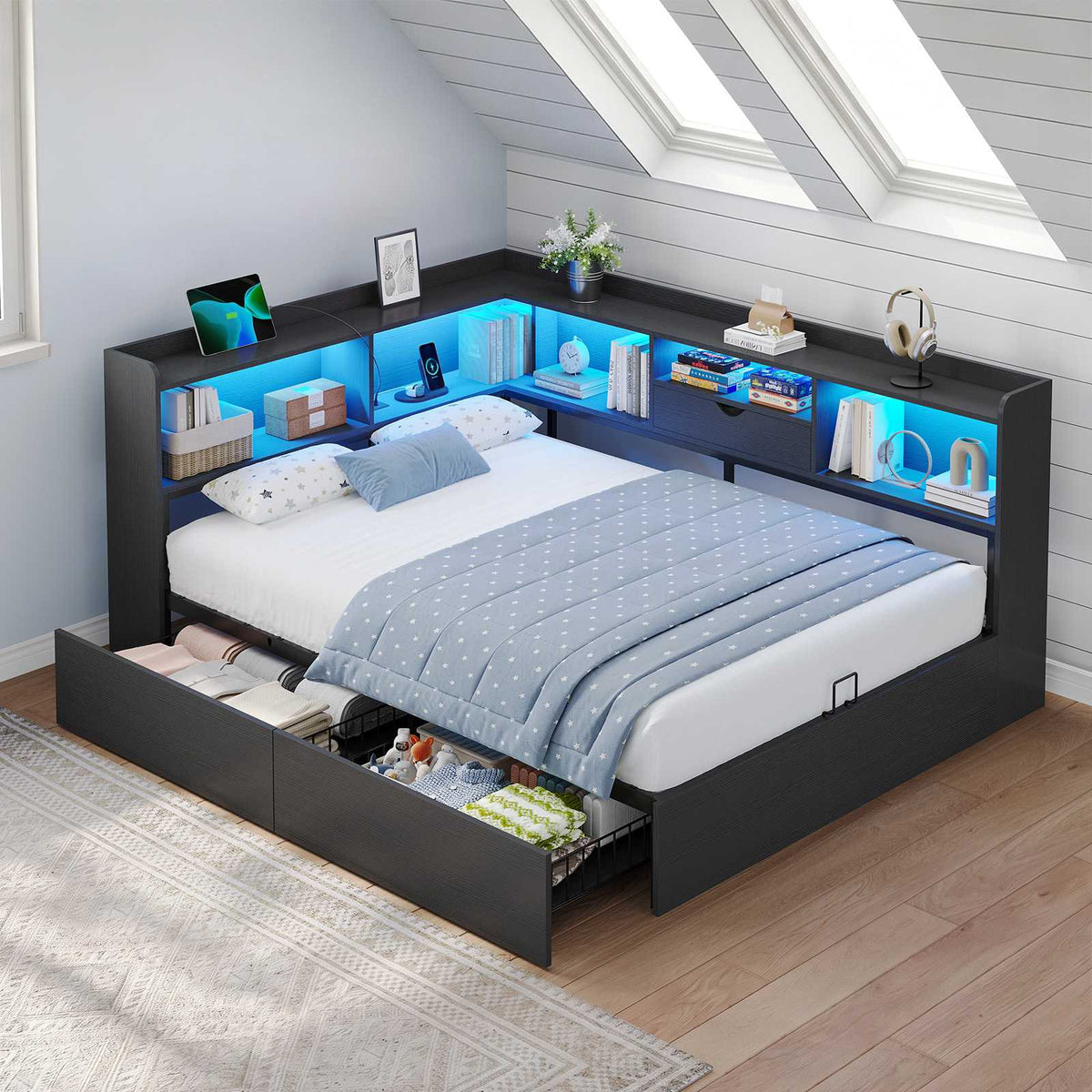 Hasuit | Corner Bed Frame with Storage Bookcase Full Size Day Bed with Charging Station and LED Lights Convertible Beds for Kids Teens