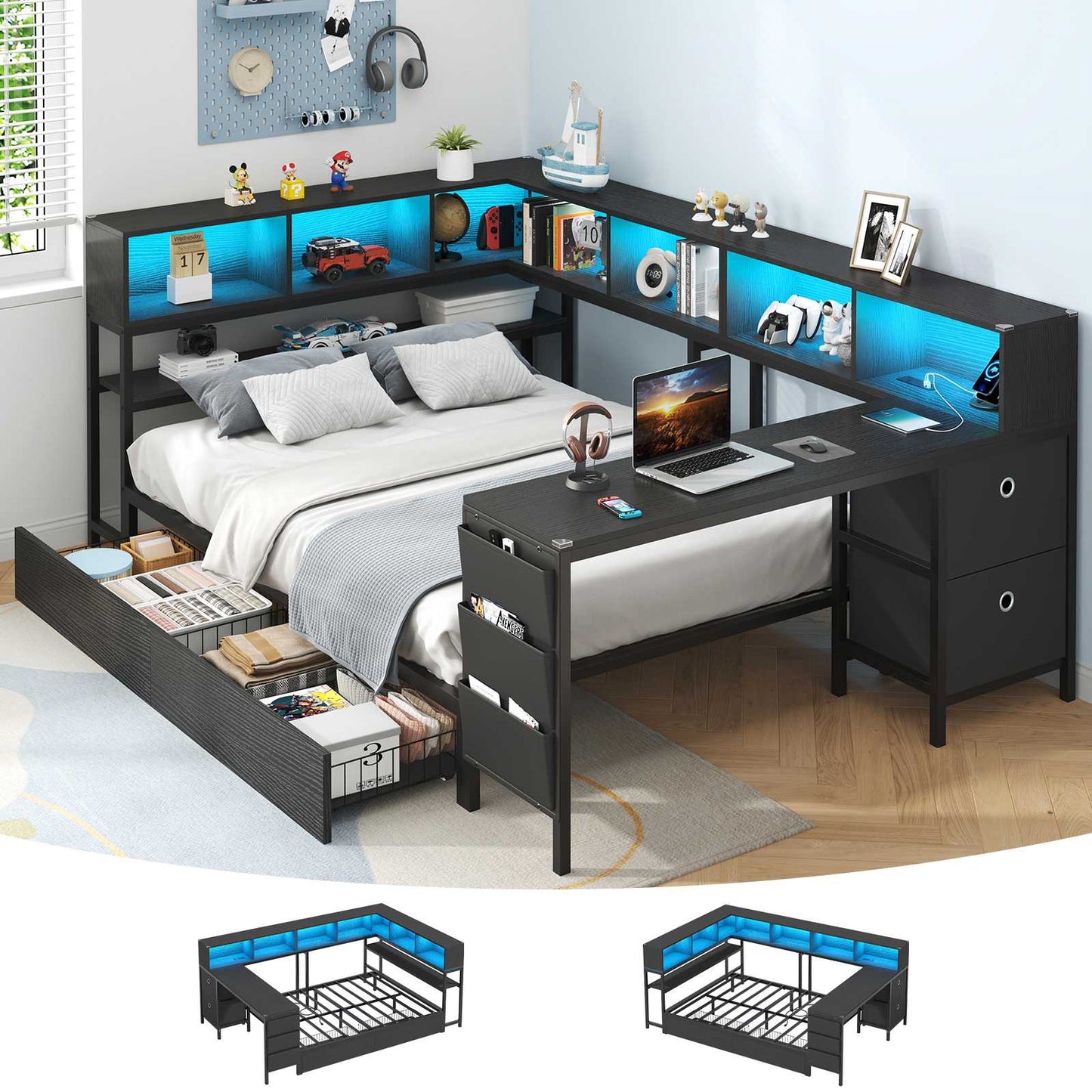 Hasuit | Full Corner Bed with Desk and Storage Bookcase Daybed with Charging Station and LED Light Modern Teenagers Bedframe