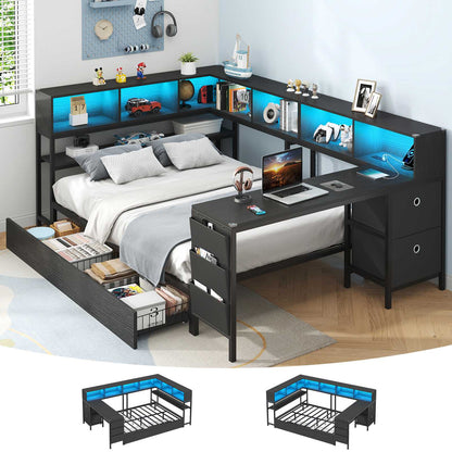 Hasuit | Full Corner Bed with Desk and Storage Bookcase Daybed with Charging Station and LED Light Modern Teenagers Bedframe
