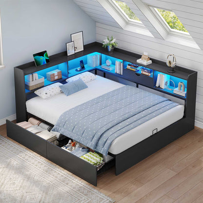 Hasuit | Corner Bed Frame with Storage Bookcase Queen Size Day Bed with Charging Station and LED Lights Convertible Beds for Kids Teens