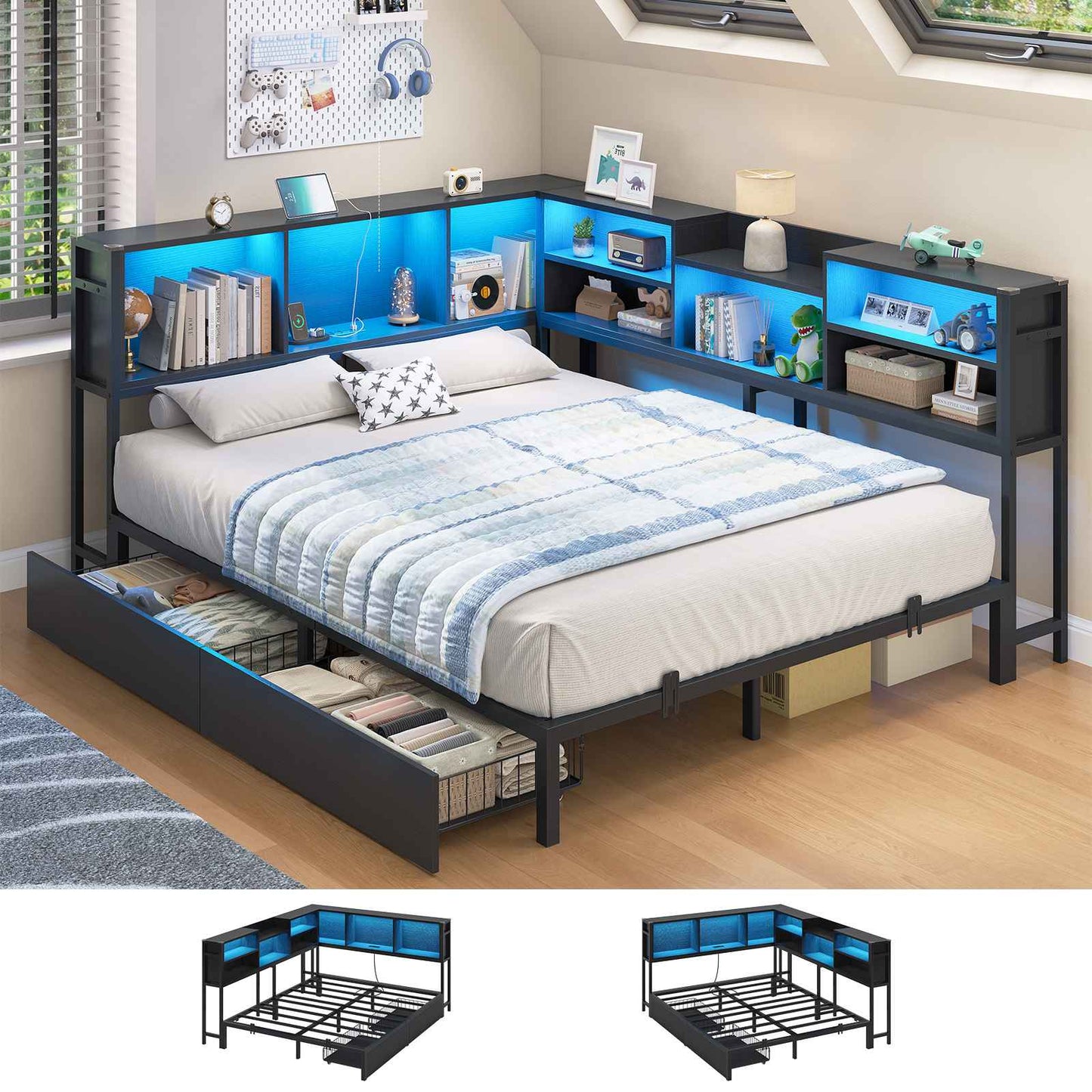 Hasuit | Corner Bed Frame with Storage Bookcase Modern Teenagers Bedframe with 2 Drawers Kids Bed Unit with Charging Station Black