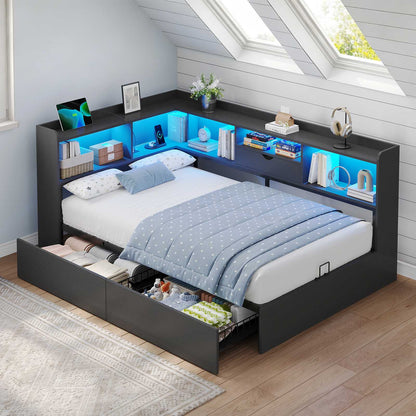 Hasuit | Corner Bed Frame with Storage Bookcase Twin Size Day Bed with Charging Station and LED Lights Convertible Beds for Kids Teens