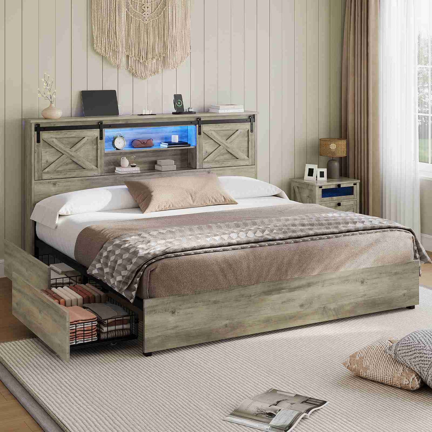 Hasuit | Farmhouse Bed Frame with 4 Storage Drawers Wooden Platform Rustic Beds with Charging Station and LED Lights Rustic Oak