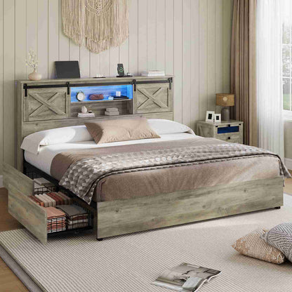 Hasuit | Farmhouse Bed Frame with 4 Storage Drawers Wooden Platform Rustic Beds with Charging Station and LED Lights Rustic Oak