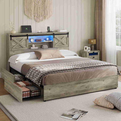 Hasuit | Farmhouse Bed Frame with 4 Storage Drawers Wooden Platform Rustic Beds with Charging Station and LED Lights Rustic Oak