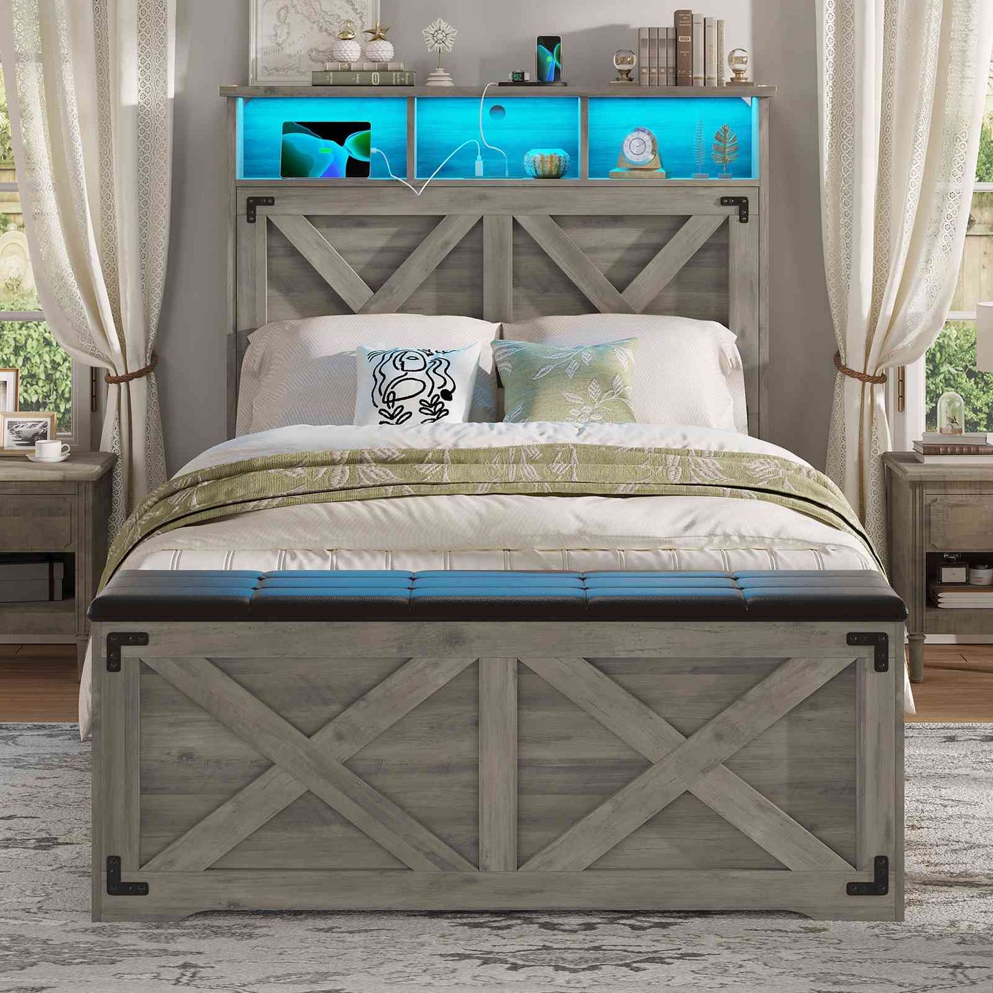 Hasuit | Farmhouse Bed Frame Twin Size with Storage Headboard Charging Station and LED Light Wooden Twin Bed Frame with Storage Ottoman