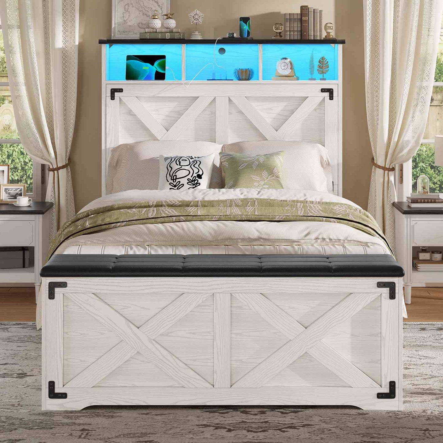 Hasuit | Farmhouse Bed Frame Twin Size with Storage Headboard Charging Station and LED Light Wooden Twin Bed Frame with Storage Ottoman