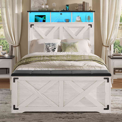 Hasuit | Farmhouse Bed Frame Twin Size with Storage Headboard Charging Station and LED Light Wooden Twin Bed Frame with Storage Ottoman
