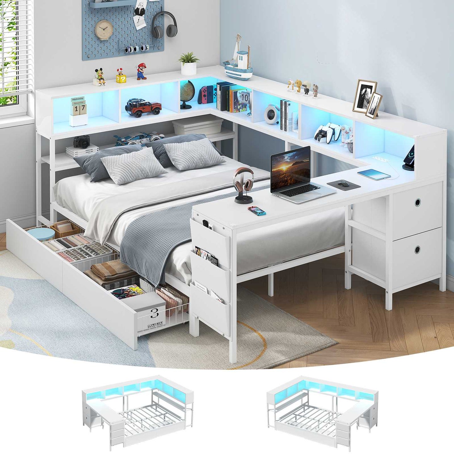 Hasuit | Full Corner Bed with Desk and Storage Bookcase Daybed with Charging Station and LED Light Modern Teenagers Bedframe