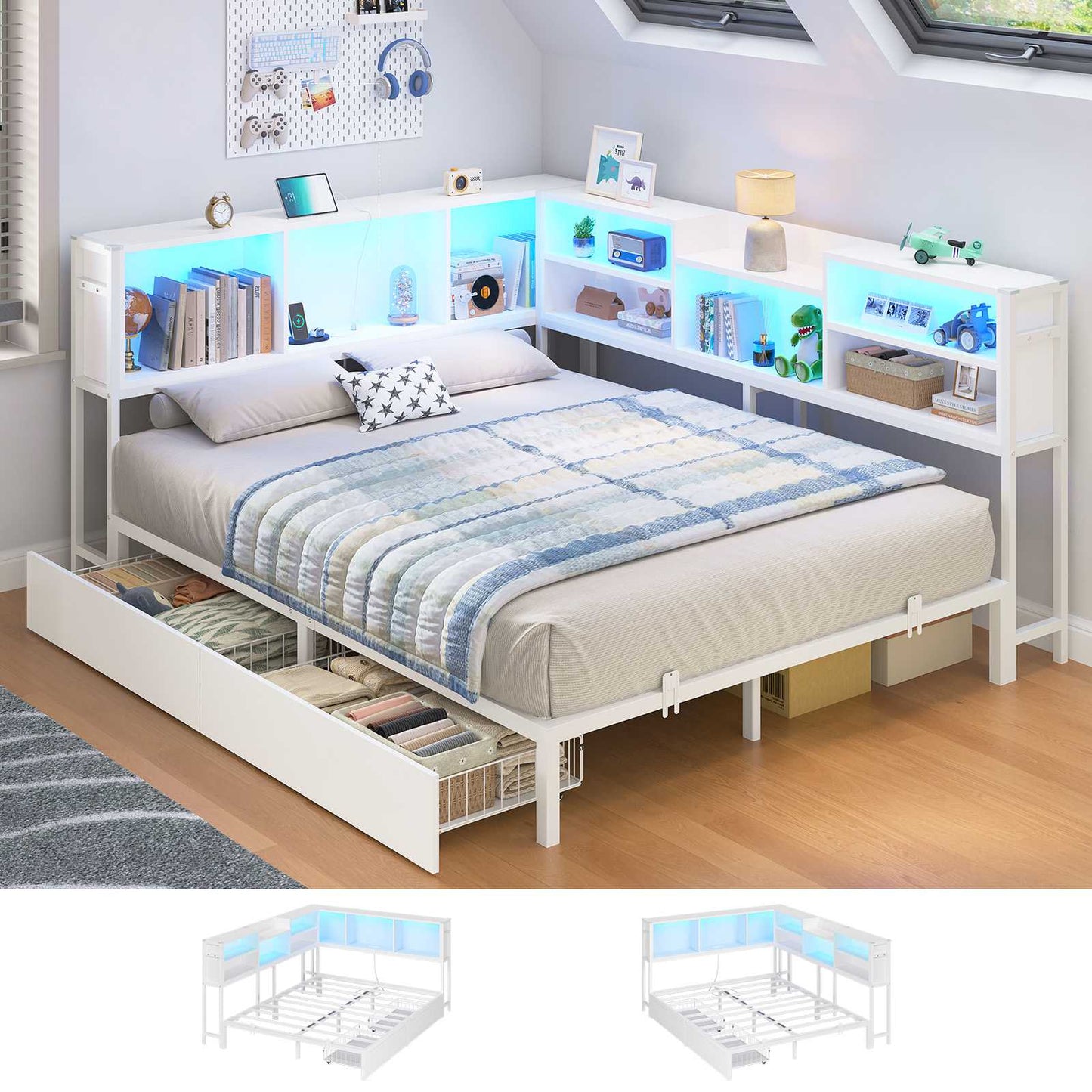 Hasuit | Corner Bed Frame with Storage Bookcase Modern Teenagers Bedframe with 2 Drawers Kids Bed Unit with Charging Station White