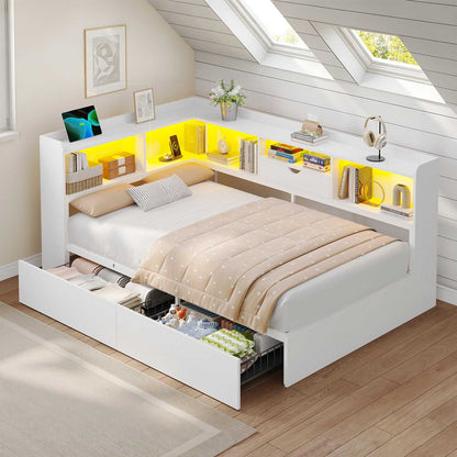 Hasuit | Corner Bed Frame with Storage Bookcase Twin Size Day Bed with Charging Station and LED Lights Convertible Beds for Kids Teens