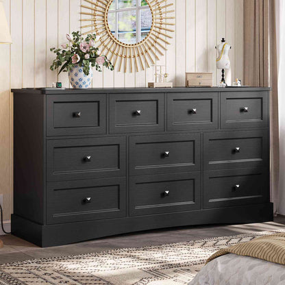 Hasuit | 55.2 Inch Dresser with 10 Drawers and Charging Station Farmhouse Long Drawer Dresser Wooden Storage Tower Organizer for Bedroom Closet