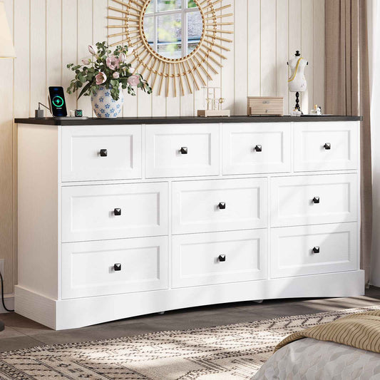 Hasuit | 55.2 Inch Dresser with 10 Drawers and Charging Station Farmhouse Long Drawer Dresser Wooden Storage Tower Organizer for Bedroom Closet