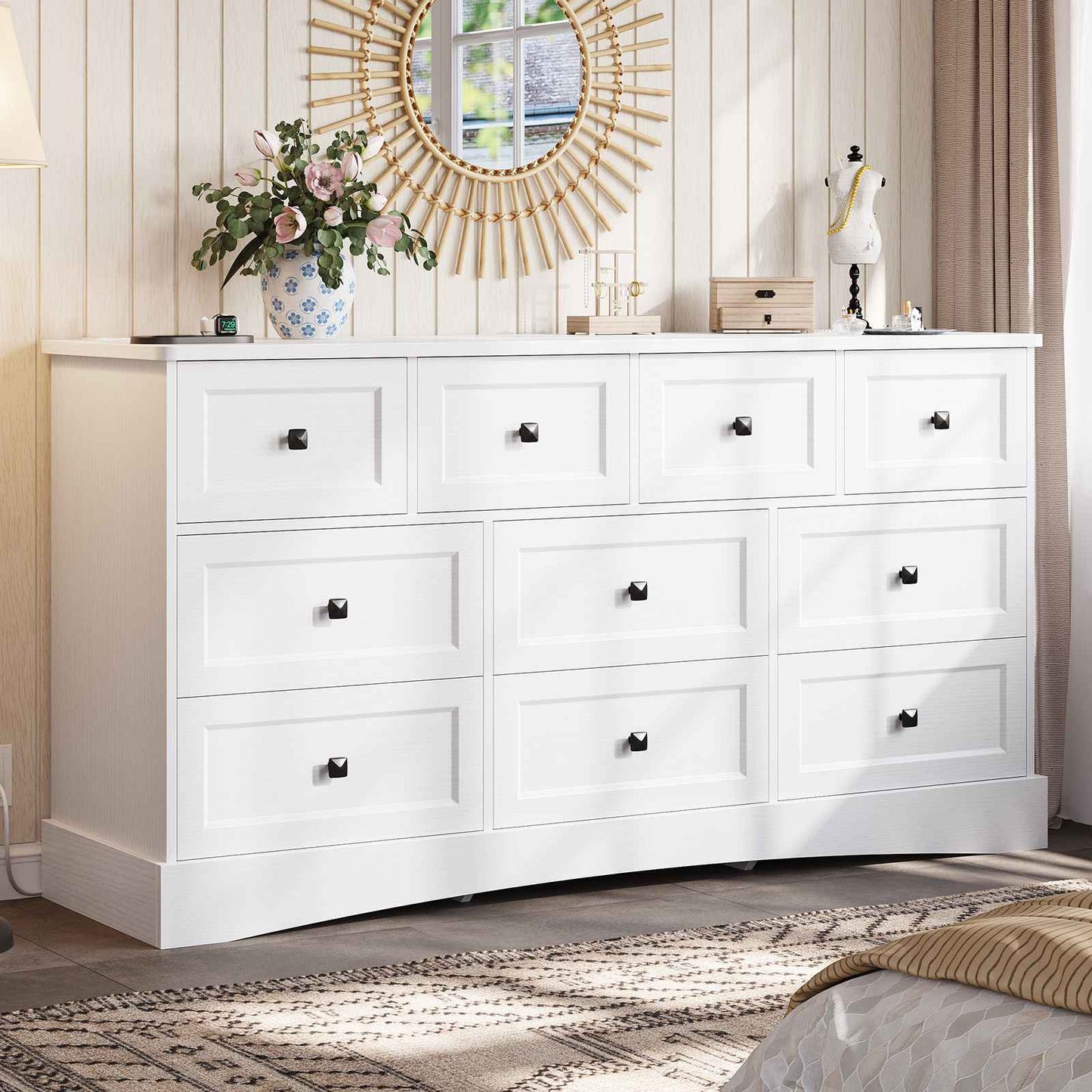 Hasuit | 55.2 Inch Dresser with 10 Drawers and Charging Station Farmhouse Long Drawer Dresser Wooden Storage Tower Organizer for Bedroom Closet