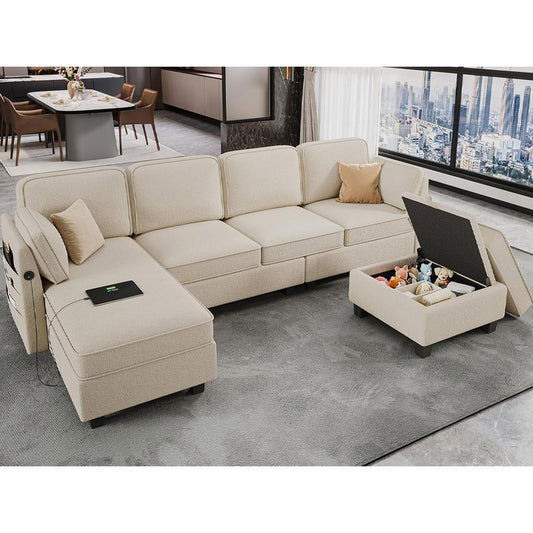Hasuit 113'' U Shaped  Sectional Sofa with Storage Seats Comfy  with USB Dark Beige