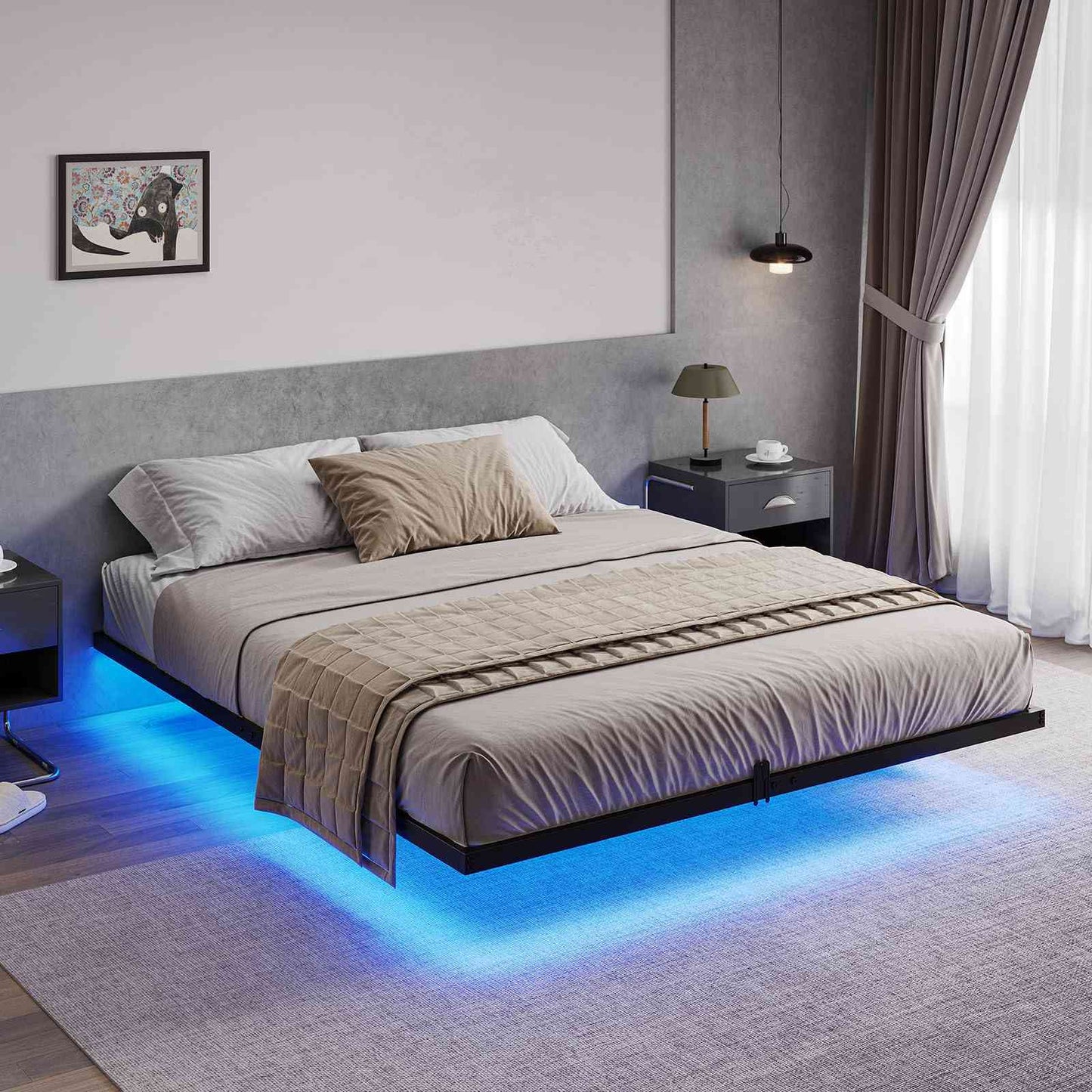 Hasuit | Floating Bed Frame with LED Lights Metal Platform Bed No Box Spring Needed Black Six Sizes