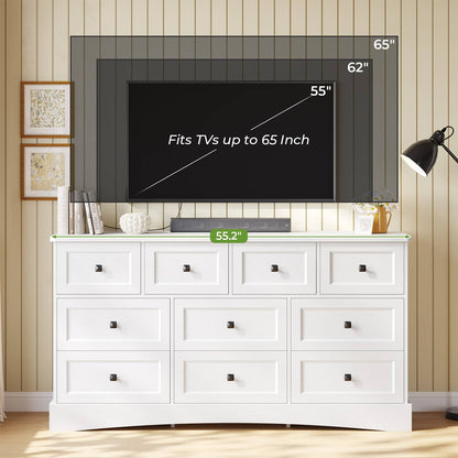 Hasuit | 55.2 Inch Dresser with 10 Drawers and Charging Station Farmhouse Long Drawer Dresser Wooden Storage Tower Organizer for Bedroom Closet