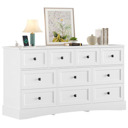 Hasuit | 55.2 Inch Dresser with 10 Drawers and Charging Station Farmhouse Long Drawer Dresser Wooden Storage Tower Organizer for Bedroom Closet