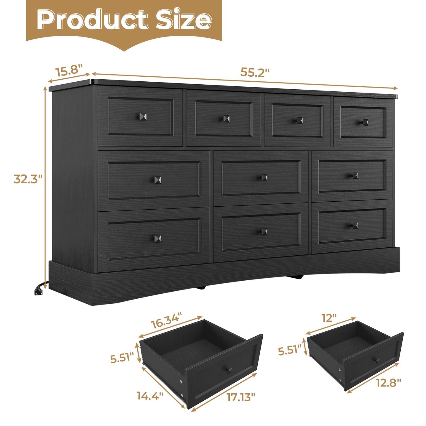 Hasuit | 55.2 Inch Dresser with 10 Drawers and Charging Station Farmhouse Long Drawer Dresser Wooden Storage Tower Organizer for Bedroom Closet