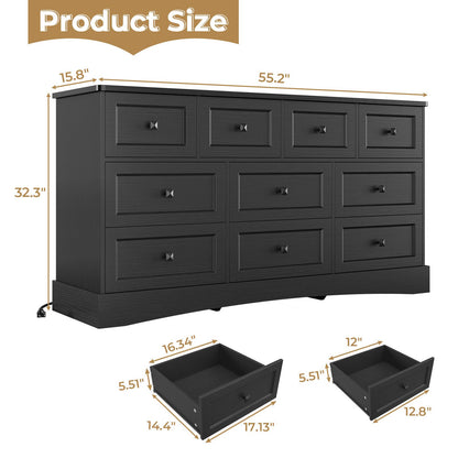 Hasuit | 55.2 Inch Dresser with 10 Drawers and Charging Station Farmhouse Long Drawer Dresser Wooden Storage Tower Organizer for Bedroom Closet
