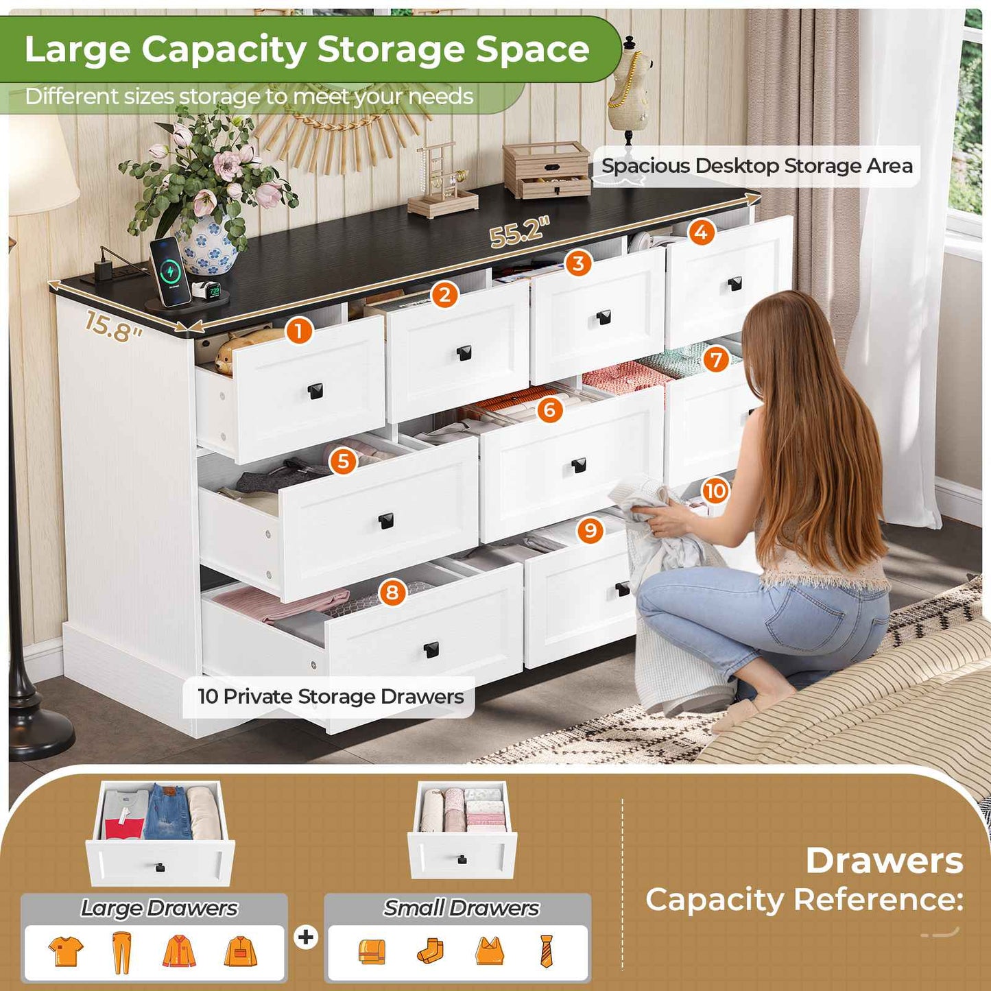 Hasuit | 55.2 Inch Dresser with 10 Drawers and Charging Station Farmhouse Long Drawer Dresser Wooden Storage Tower Organizer for Bedroom Closet