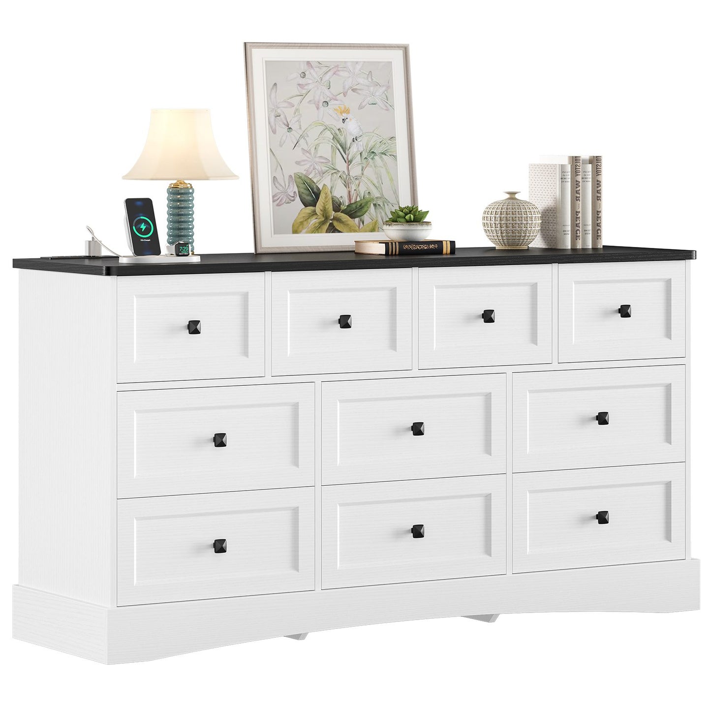 Hasuit | 55.2 Inch Dresser with 10 Drawers and Charging Station Farmhouse Long Drawer Dresser Wooden Storage Tower Organizer for Bedroom Closet