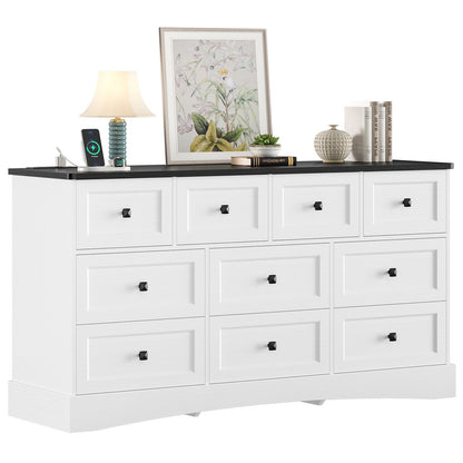 Hasuit | 55.2 Inch Dresser with 10 Drawers and Charging Station Farmhouse Long Drawer Dresser Wooden Storage Tower Organizer for Bedroom Closet
