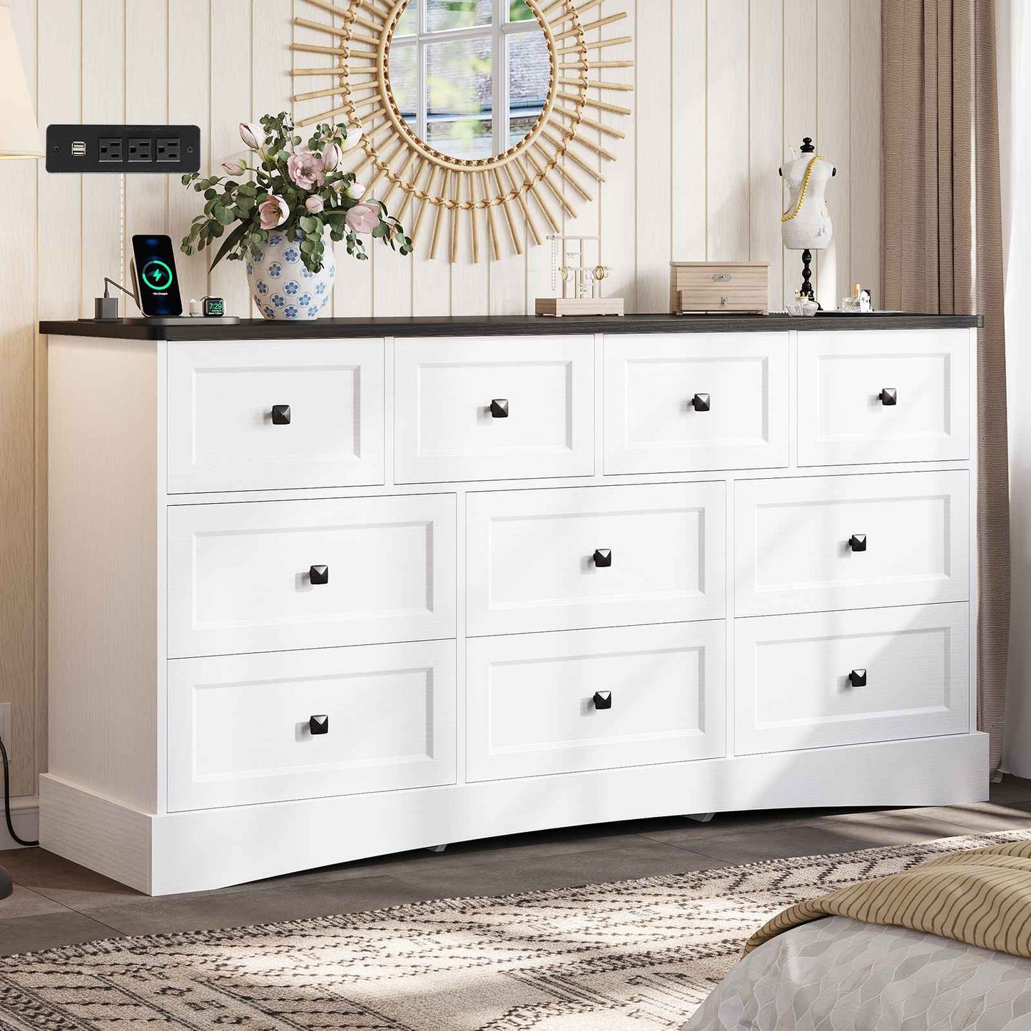 Hasuit | 55.2 Inch Dresser with 10 Drawers and Charging Station Farmhouse Long Drawer Dresser Wooden Storage Tower Organizer for Bedroom Closet