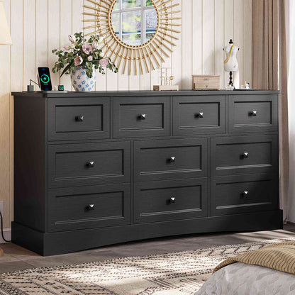Hasuit | 55.2 Inch Dresser with 10 Drawers and Charging Station Farmhouse Long Drawer Dresser Wooden Storage Tower Organizer for Bedroom Closet
