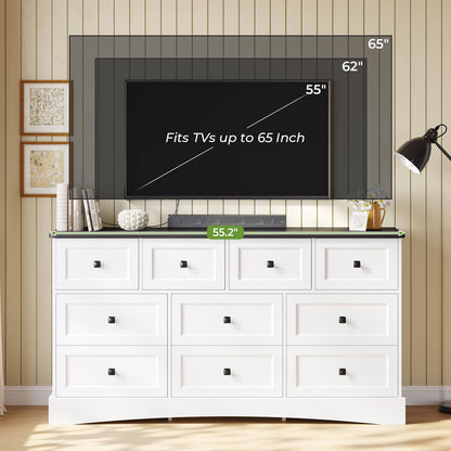 Hasuit | 55.2 Inch Dresser with 10 Drawers and Charging Station Farmhouse Long Drawer Dresser Wooden Storage Tower Organizer for Bedroom Closet