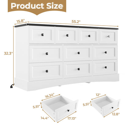 Hasuit | 55.2 Inch Dresser with 10 Drawers and Charging Station Farmhouse Long Drawer Dresser Wooden Storage Tower Organizer for Bedroom Closet