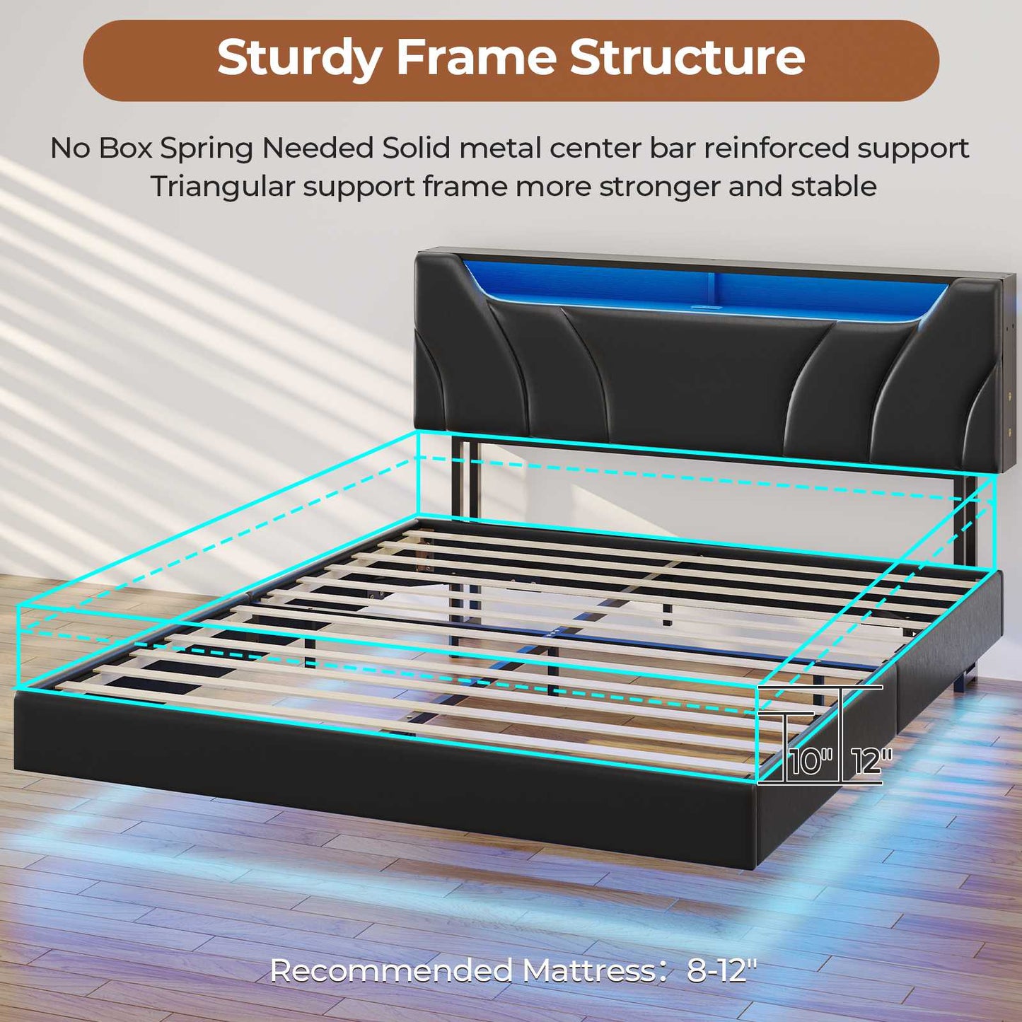 Hasuit | Queen Floating Bed Frame with Storage Headboard and LED Lights Queen Size Visual Floating LED Bed Frame with Type-C and USB Port