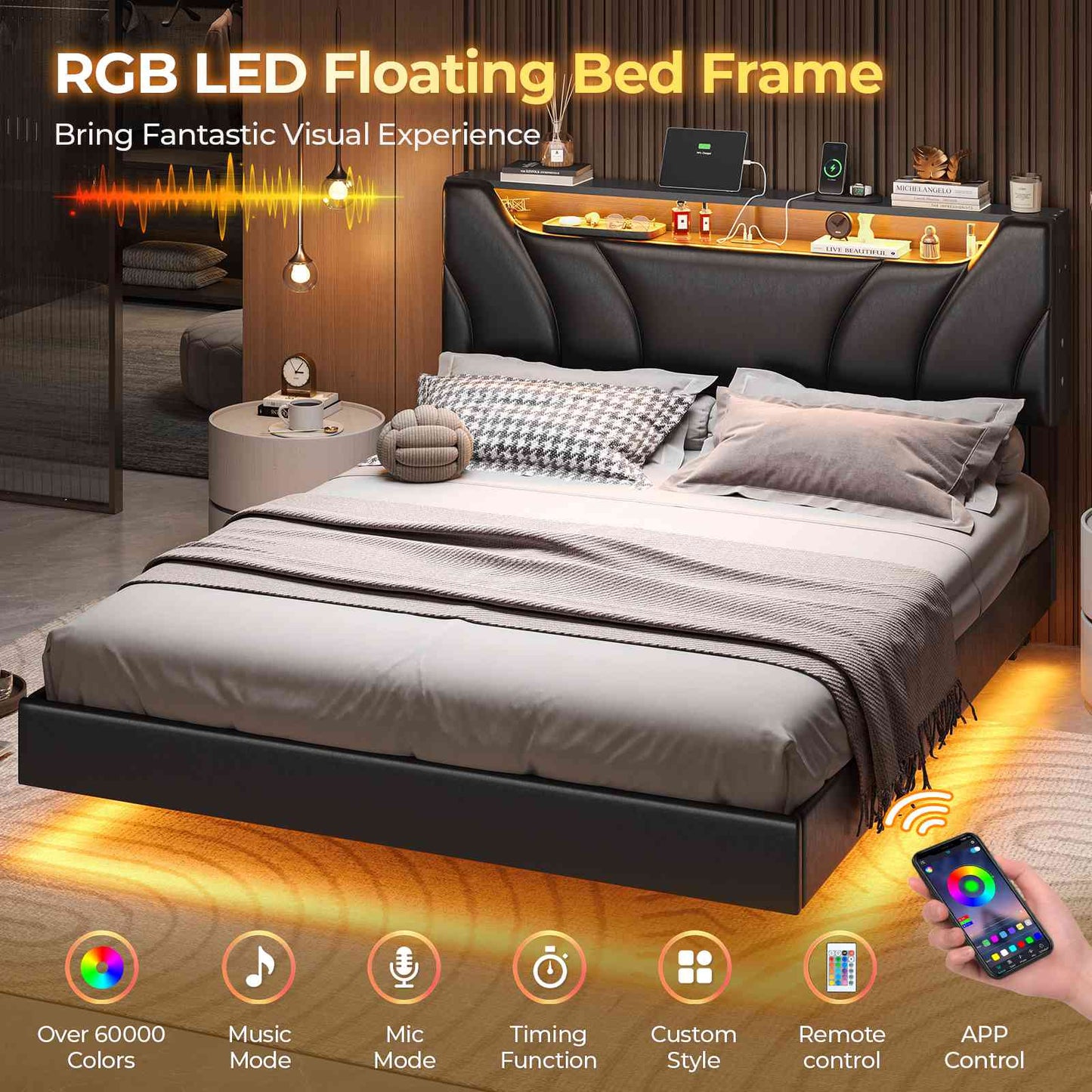 Hasuit | Queen Floating Bed Frame with Storage Headboard and LED Lights Queen Size Visual Floating LED Bed Frame with Type-C and USB Port