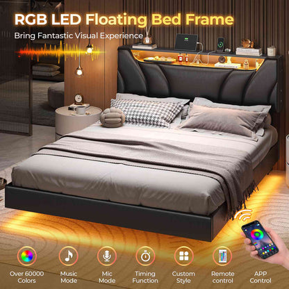 Hasuit | Queen Floating Bed Frame with Storage Headboard and LED Lights Queen Size Visual Floating LED Bed Frame with Type-C and USB Port