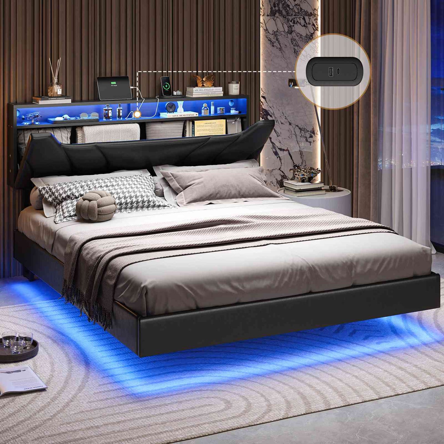 Hasuit | Queen Floating Bed Frame with Storage Headboard and LED Lights Queen Size Visual Floating LED Bed Frame with Type-C and USB Port
