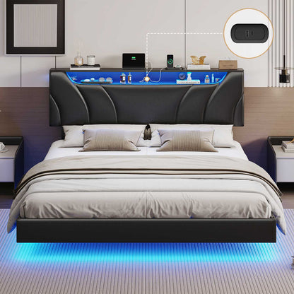 Hasuit | Queen Floating Bed Frame with Storage Headboard and LED Lights Queen Size Visual Floating LED Bed Frame with Type-C and USB Port