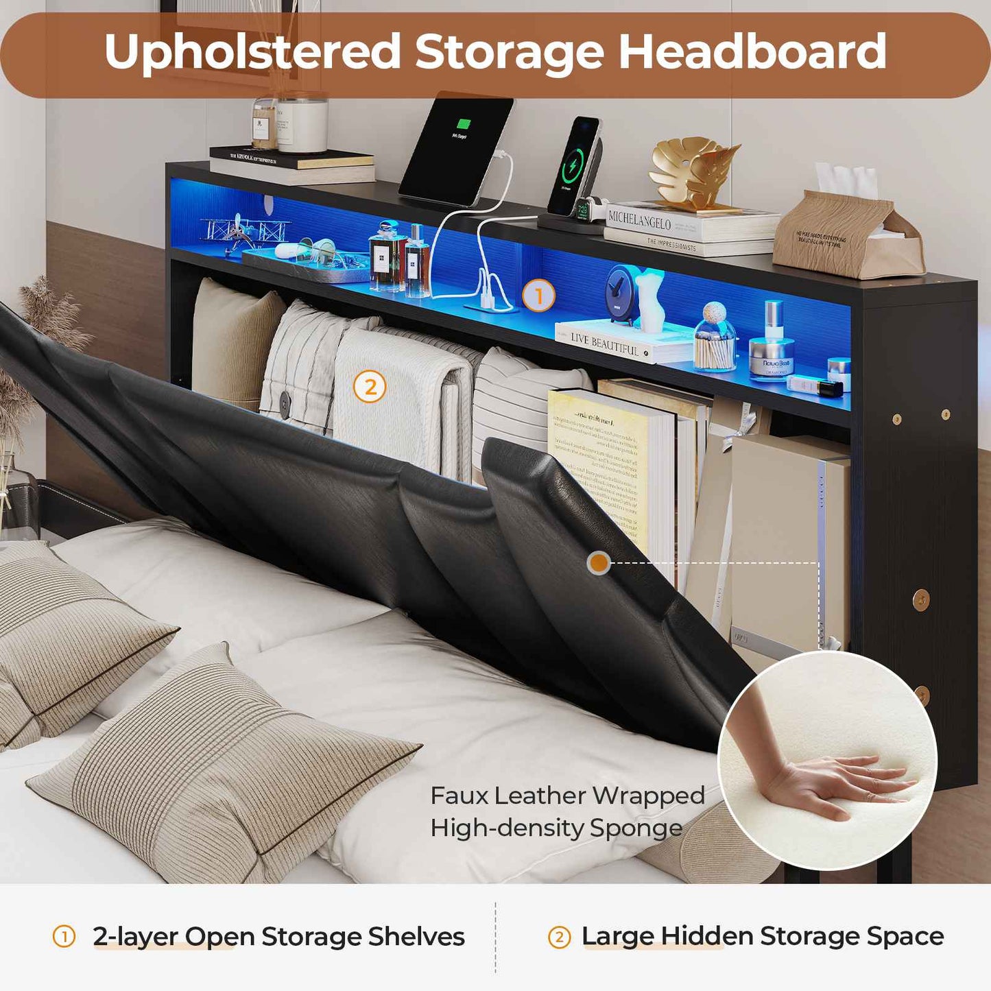 Hasuit | Queen Floating Bed Frame with Storage Headboard and LED Lights Queen Size Visual Floating LED Bed Frame with Type-C and USB Port