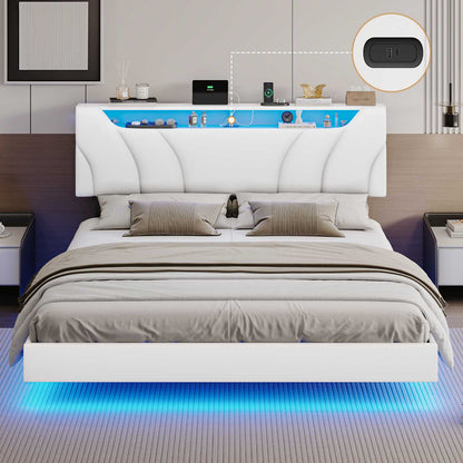 Hasuit | Queen Floating Bed Frame with Storage Headboard and LED Lights Queen Size Visual Floating LED Bed Frame with Type-C and USB Port