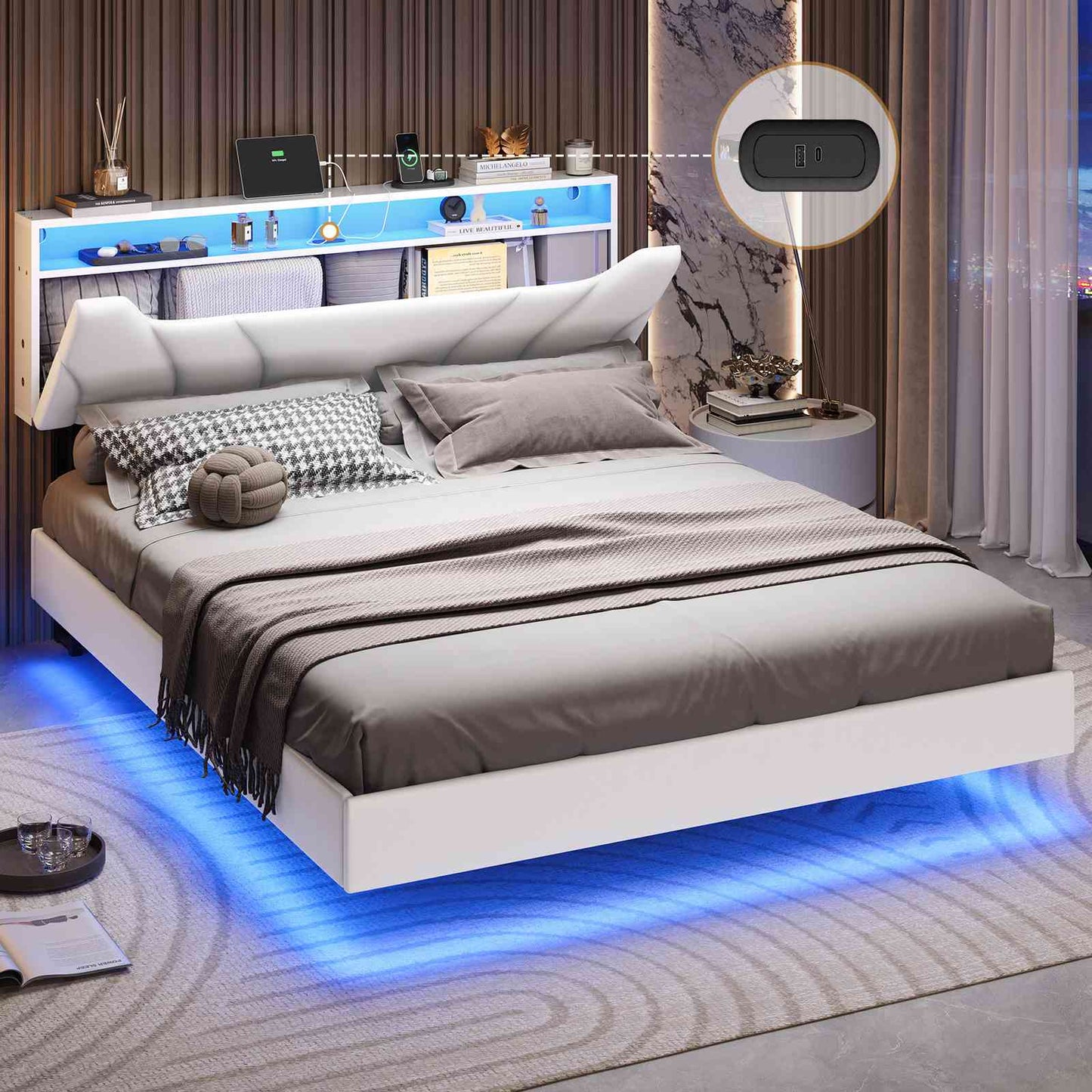 Hasuit | Queen Floating Bed Frame with Storage Headboard and LED Lights Queen Size Visual Floating LED Bed Frame with Type-C and USB Port